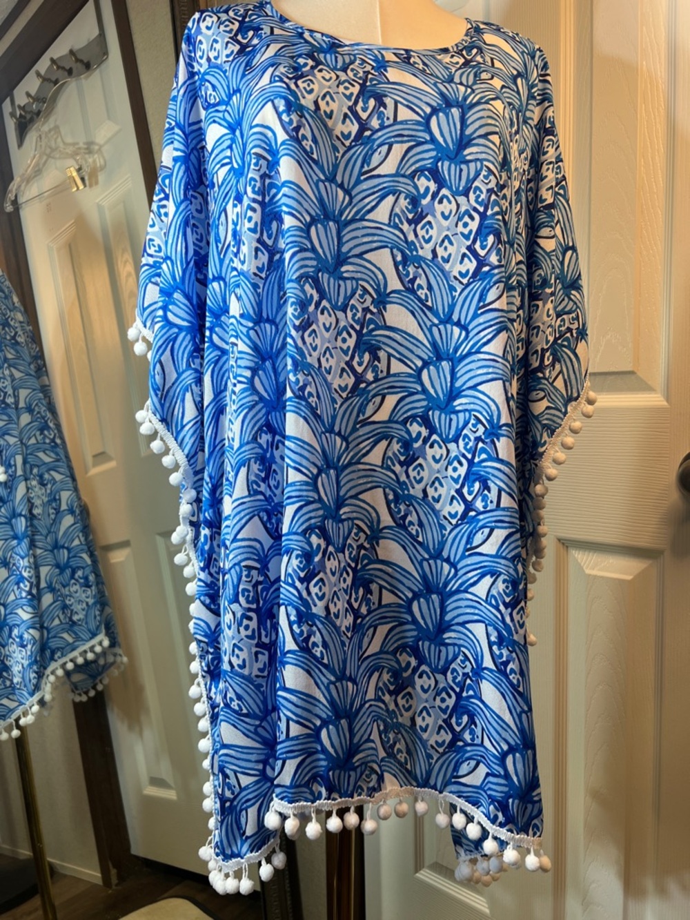 Blue Floral Pom-Pom Trim Wrap Scarf